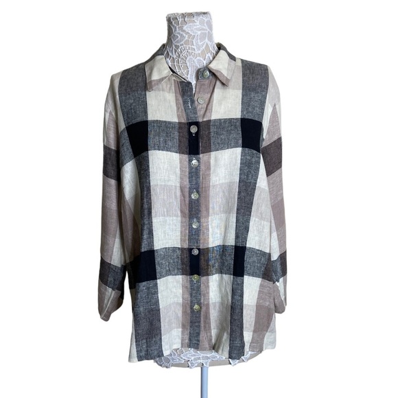 Soft Surroundings Carreaux Shirt Linen Blend Plaid Checker High Low Hem Zip Back - Picture 1 of 7